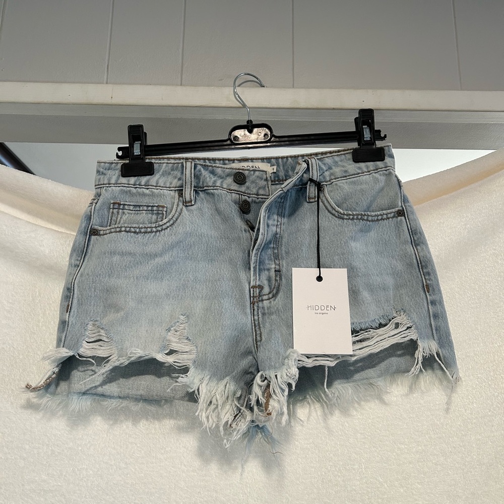 Hidden Distressed Denim Shorts - Light Blue